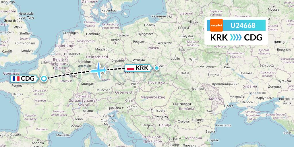 U24668 EasyJet Flight Map: Krakow to Paris