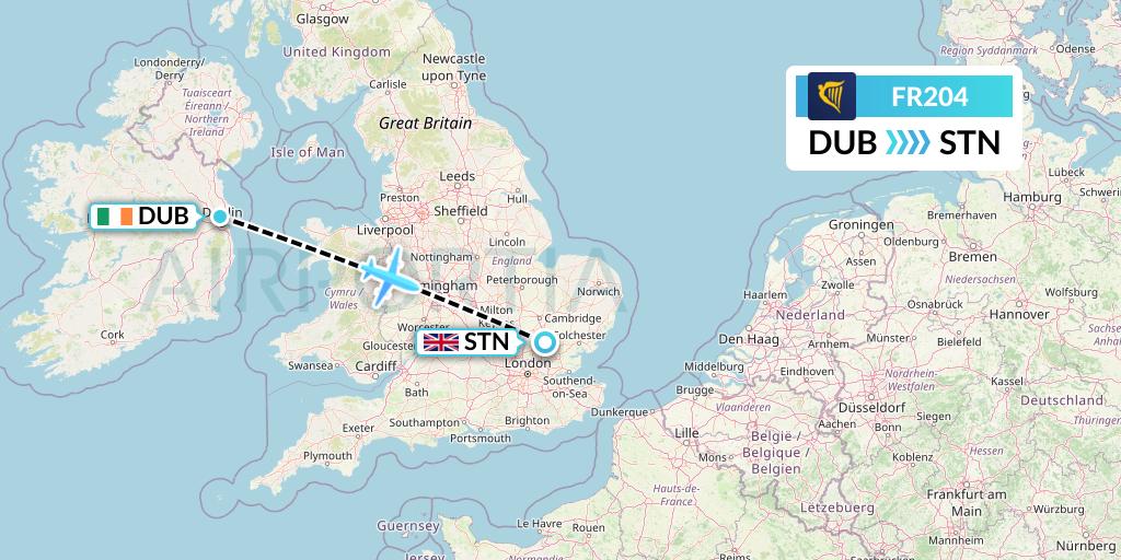 FR204 Ryanair Flight Map: Dublin to London