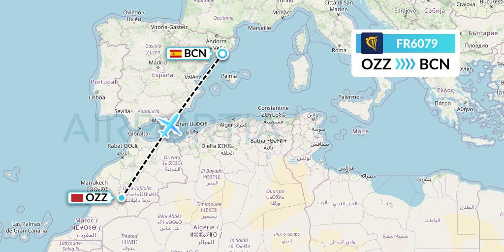 FR6079 Ryanair Flight Map: Ouarzazate to Barcelona