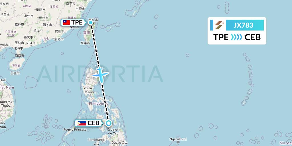 JX783 Starlux Airlines Flight Map: Taipei to Cebu