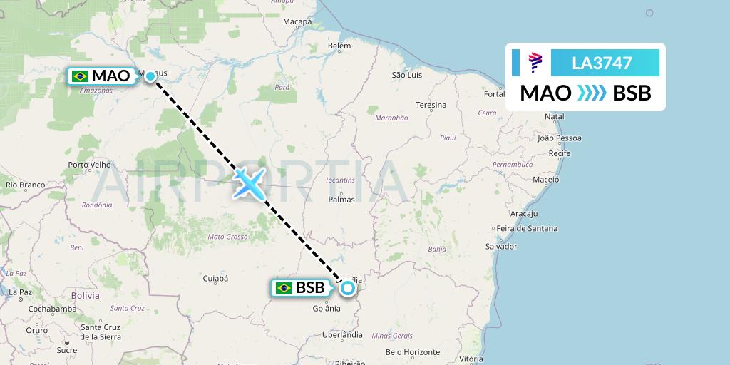 LA3747 LAN Airlines Flight Map: Manaus to Brasilia