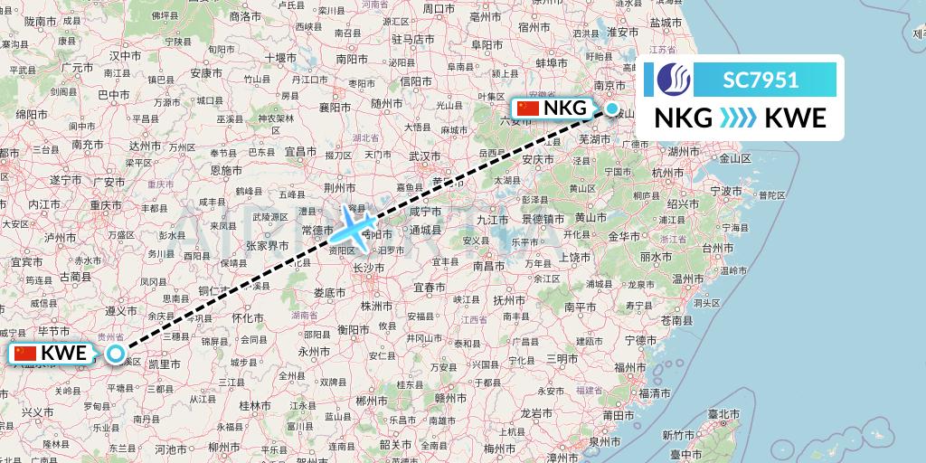 SC7951 Shandong Airlines Flight Map: Nanjing to Guiyang