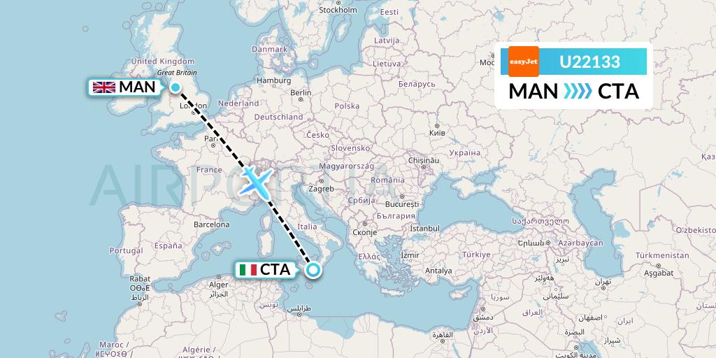 U22133 EasyJet Flight Map: Manchester to Catania