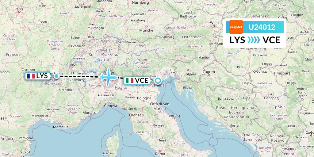 U24012 EasyJet Flight Map: Lyon to Venice