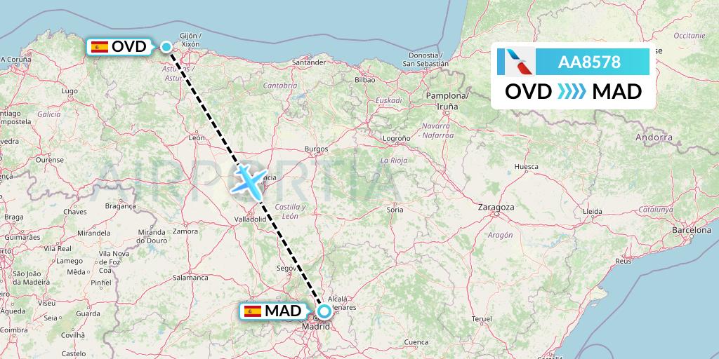 AA8578 American Airlines Flight Map: Asturias to Madrid