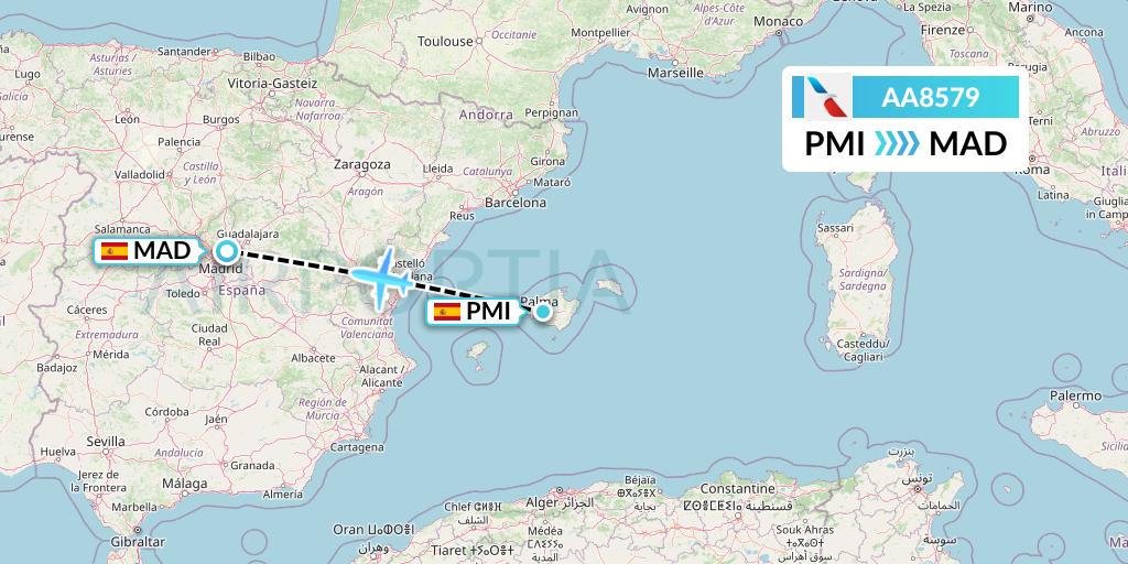 AA8579 American Airlines Flight Map: Palma de Mallorca to Madrid