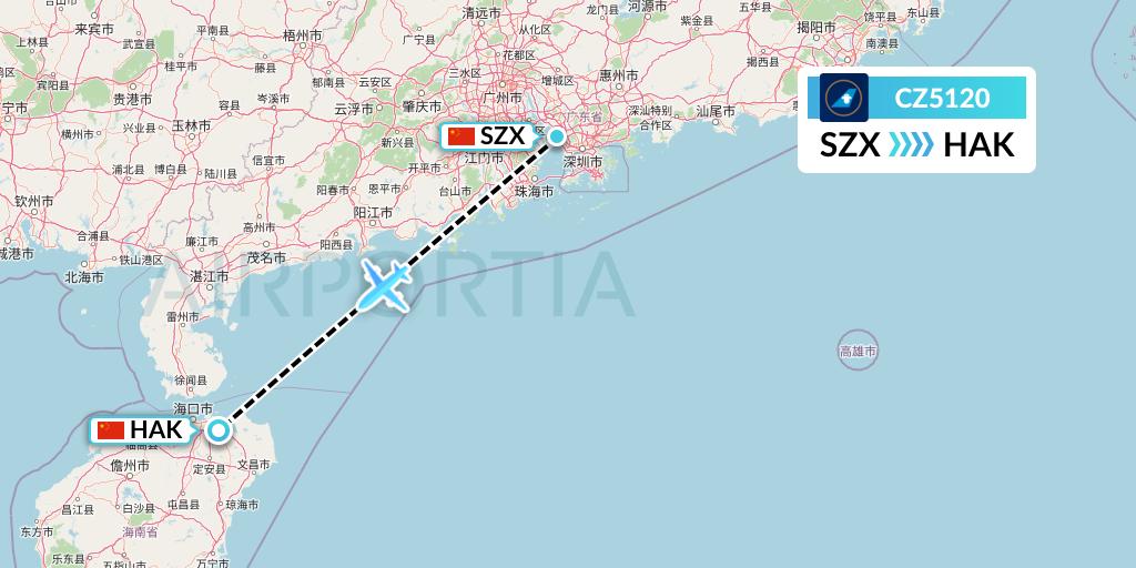 CZ5120 China Southern Airlines Flight Map: Shenzhen to Haikou
