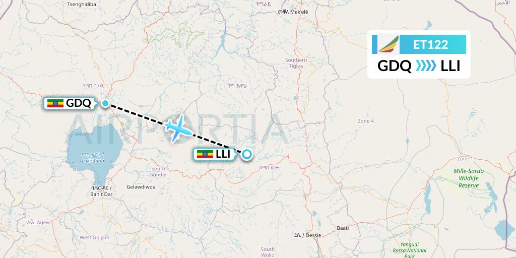 ET122 Ethiopian Airlines Flight Map: Gondar to Lalibela