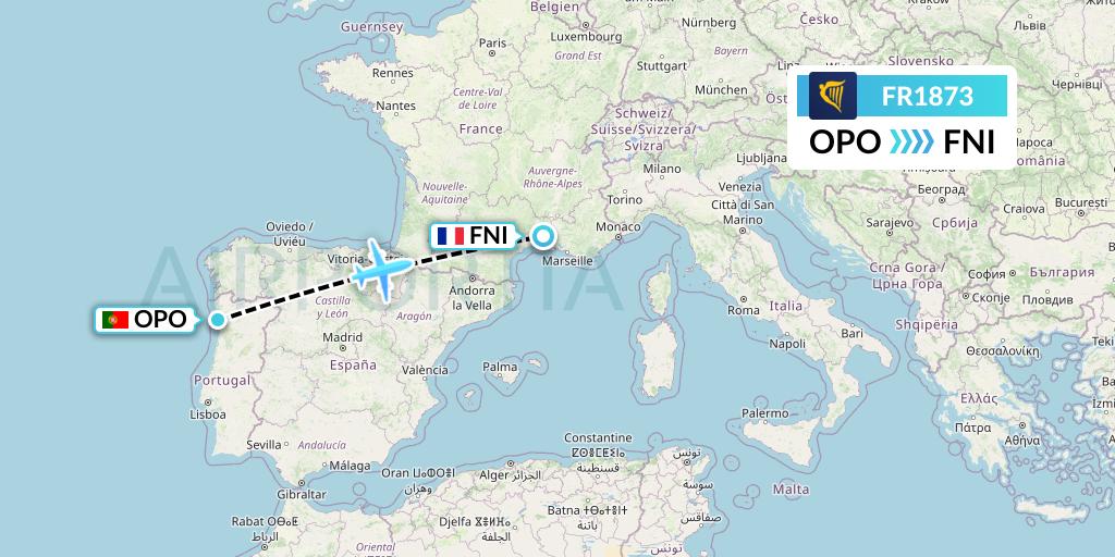 FR1873 Ryanair Flight Map: Porto to Nimes