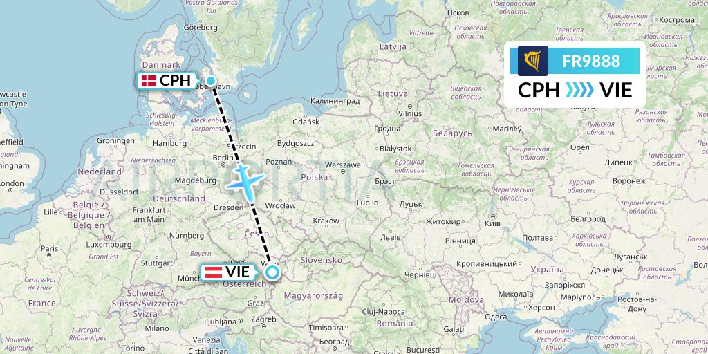 FR9888 Ryanair Flight Map: Copenhagen to Vienna