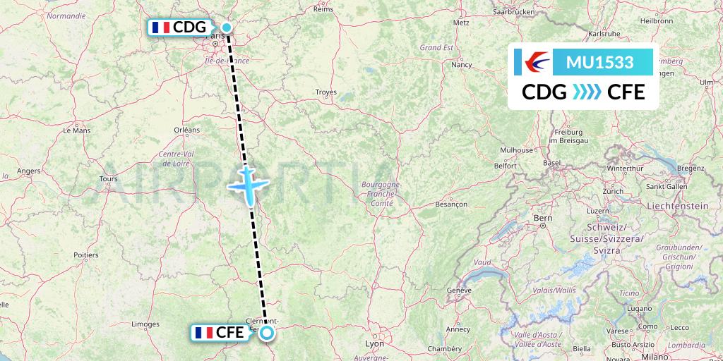 MU1533 China Eastern Airlines Flight Map: Paris to Clermont-Ferrand