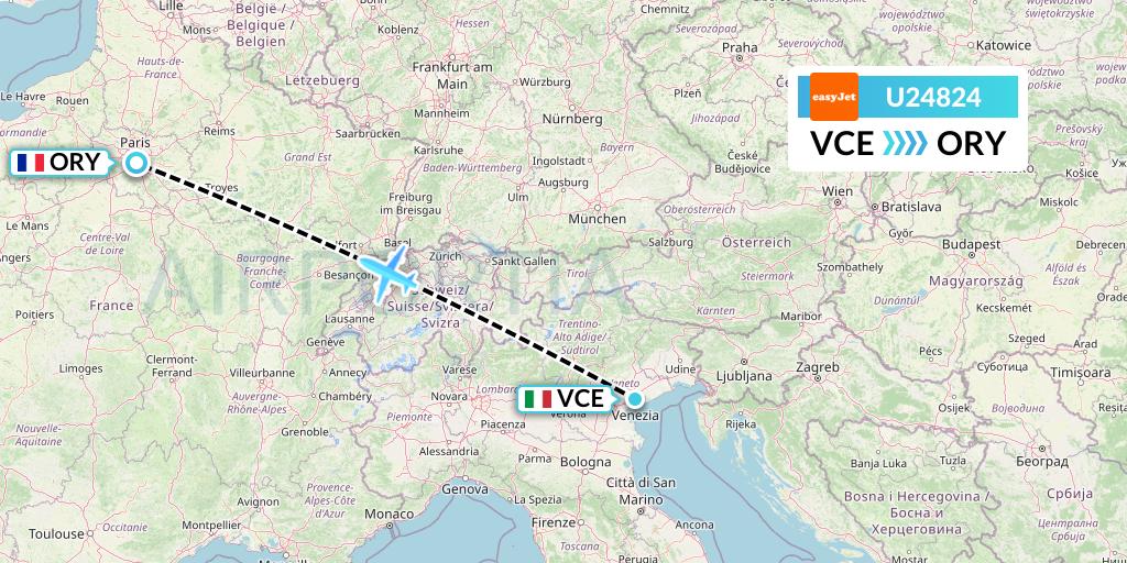 U24824 EasyJet Flight Map: Venice to Paris