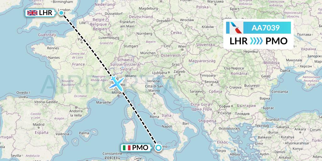 AA7039 American Airlines Flight Map: London to Palermo
