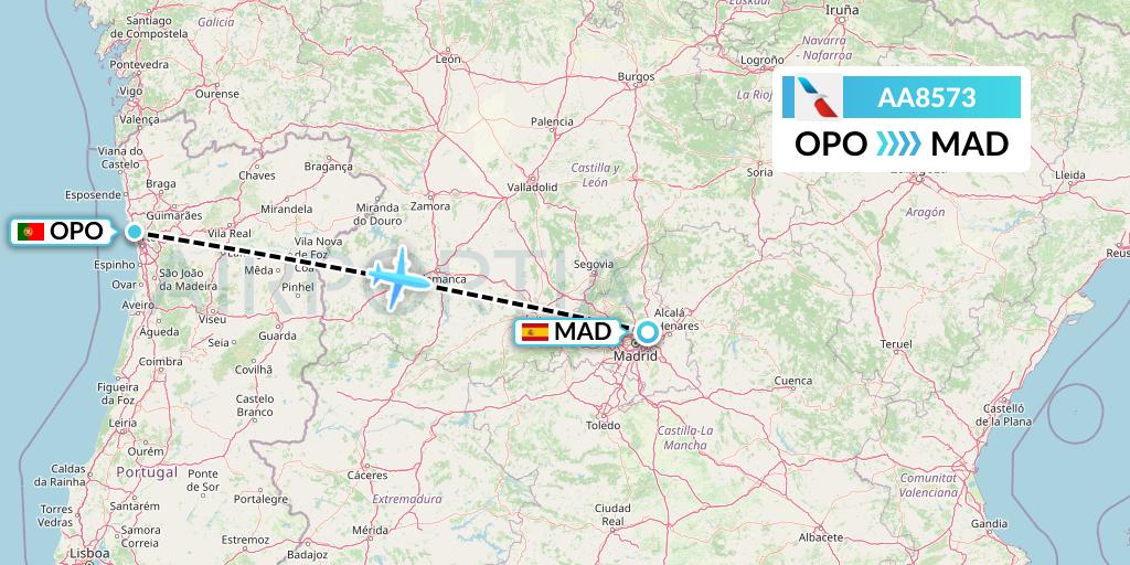 AA8573 American Airlines Flight Map: Porto to Madrid