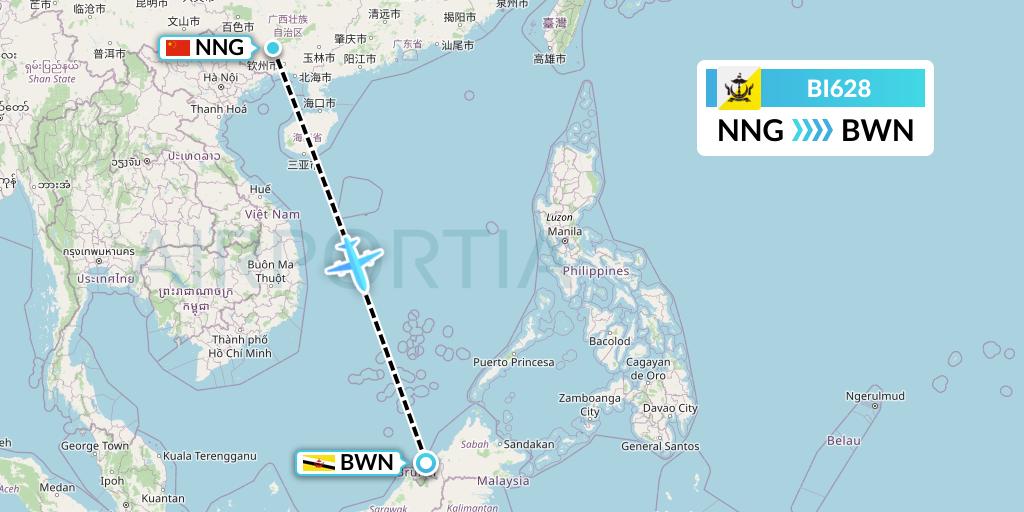 BI628 Royal Brunei Airlines Flight Map: Nanning to Brunei