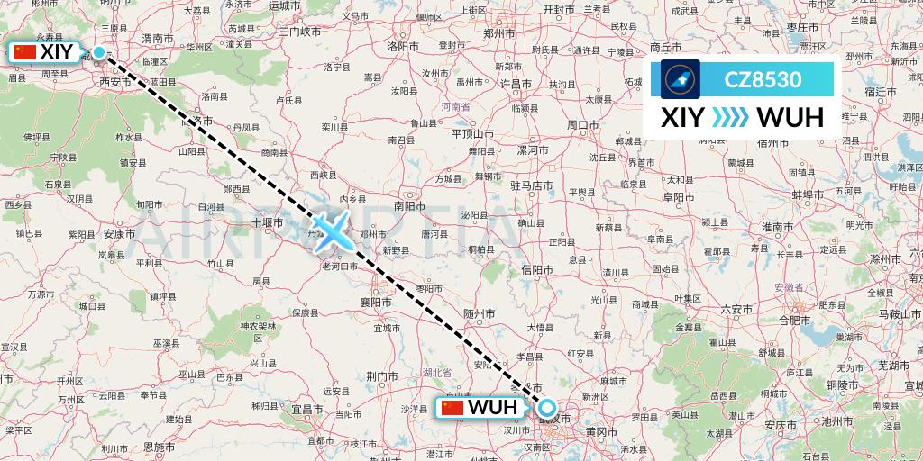 CZ8530 China Southern Airlines Flight Map: Xi'an to Wuhan