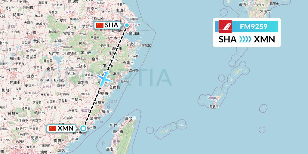 FM9259 Shanghai Airlines Flight Map: Shanghai to Xiamen