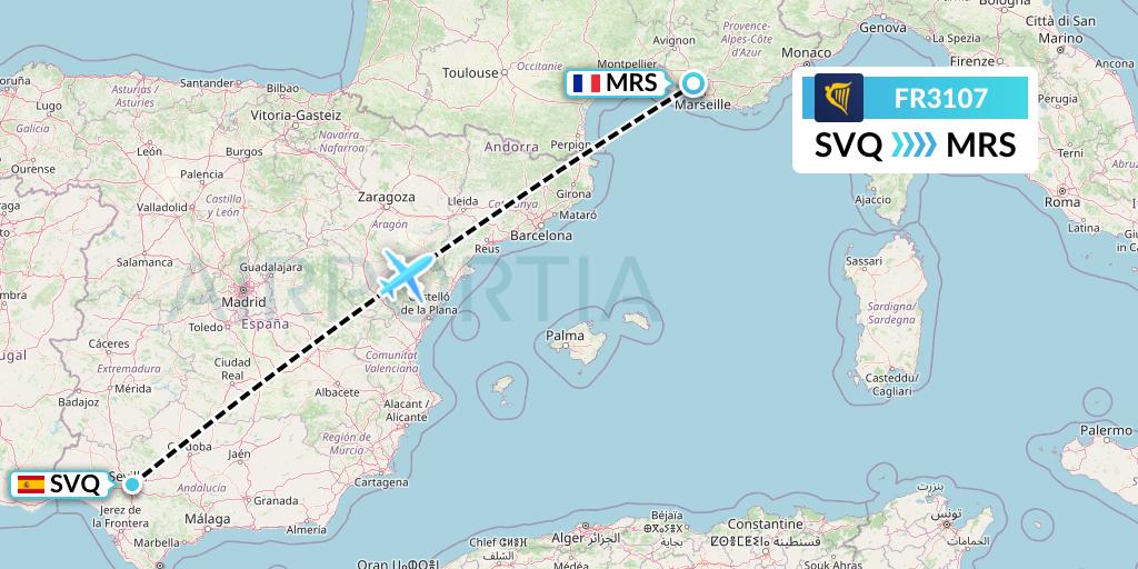 FR3107 Ryanair Flight Map: Seville to Marseille
