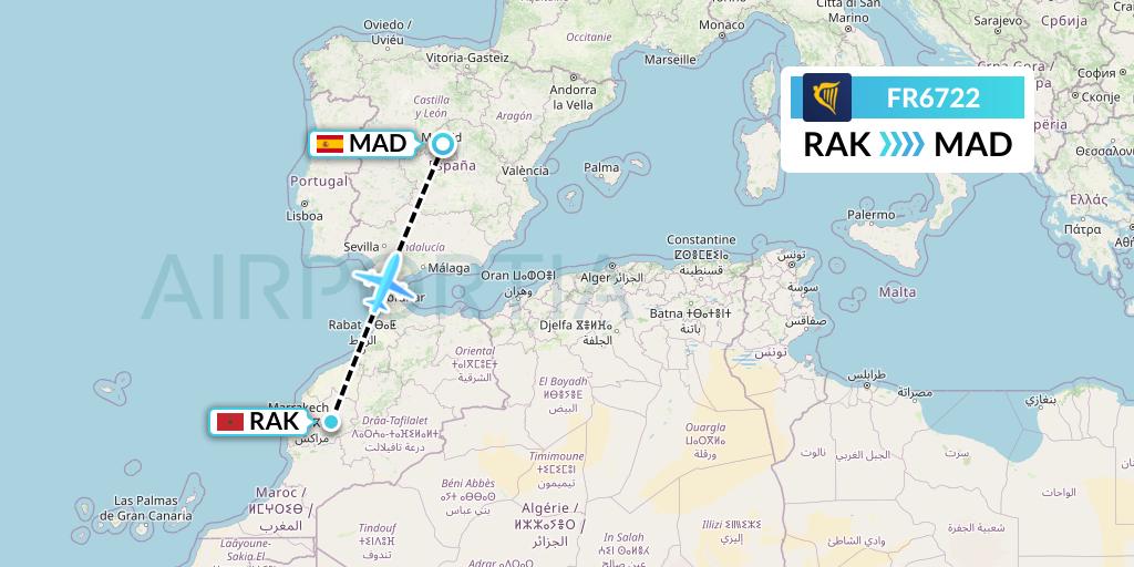 FR6722 Ryanair Flight Map: Marrakesh to Madrid