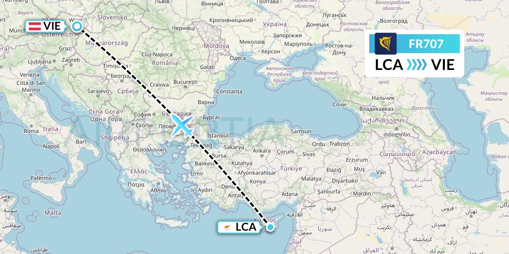 FR707 Ryanair Flight Map: Larnaca to Vienna
