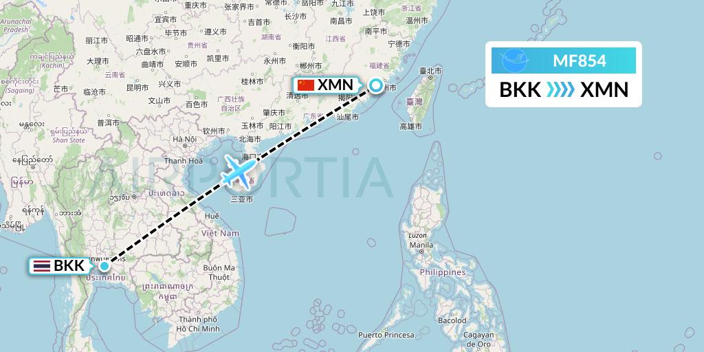 MF854 Xiamen Airlines Flight Map: Bangkok to Xiamen