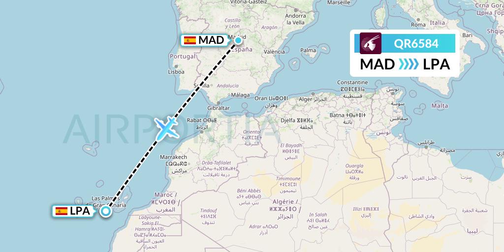 QR6584 Qatar Airways Flight Map: Madrid to Las Palmas