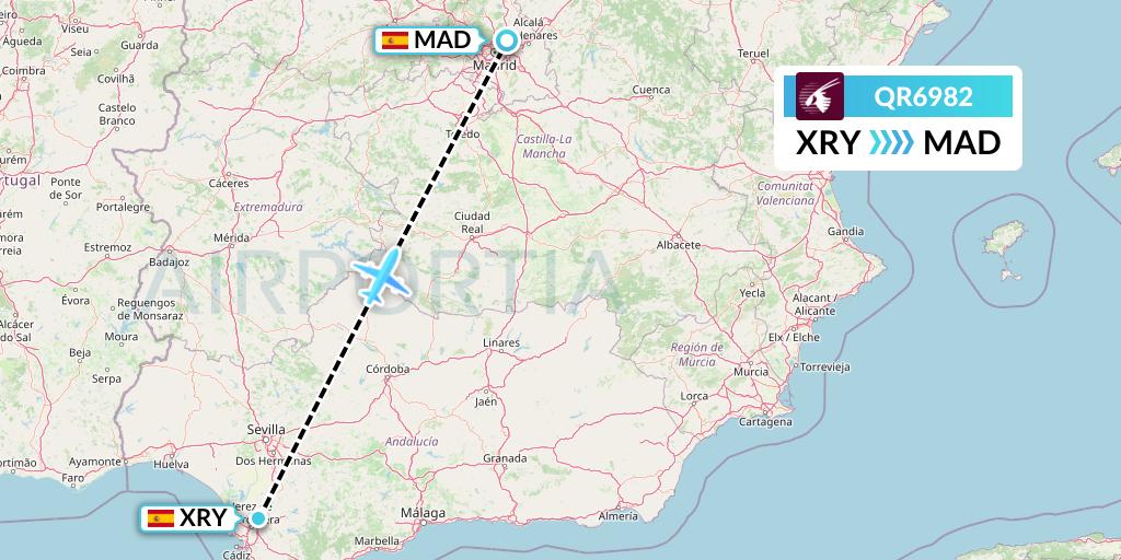 QR6982 Qatar Airways Flight Map: Jerez to Madrid