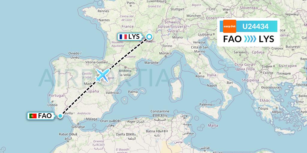 U24434 EasyJet Flight Map: Faro to Lyon