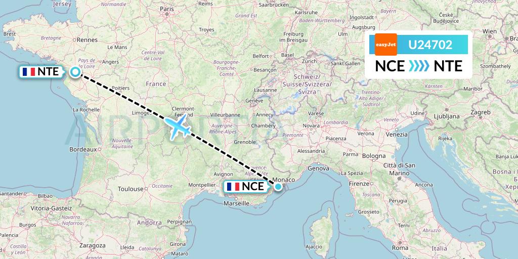 U24702 EasyJet Flight Map: Nice to Nantes