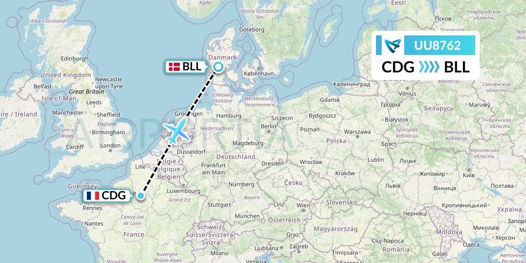 UU8762 Air Austral Flight Map: Paris to Billund