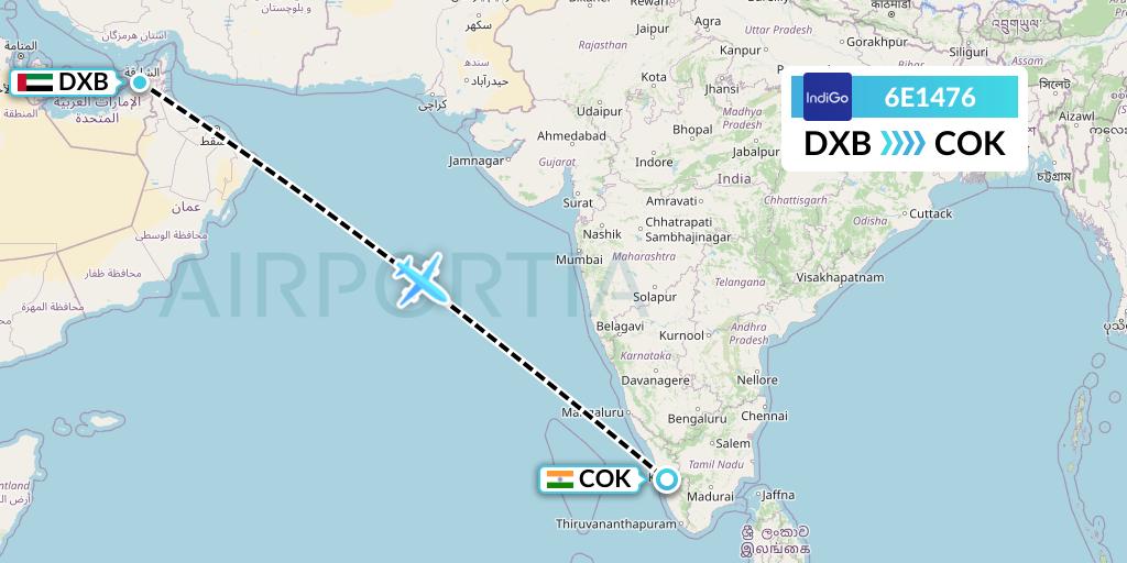 6E1476 IndiGo Airlines Flight Map: Dubai to Cochin