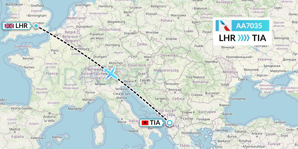 AA7035 American Airlines Flight Map: London to Tirana