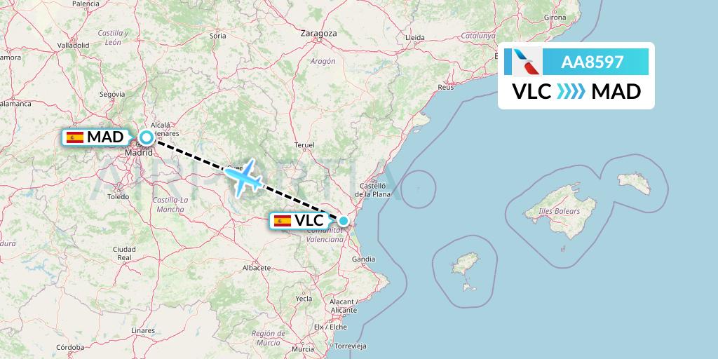 AA8597 American Airlines Flight Map: Valencia to Madrid