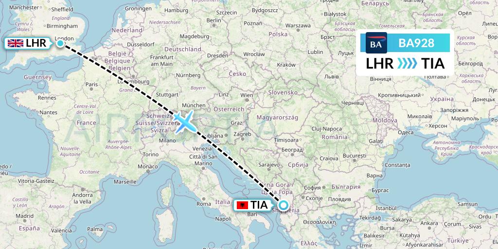 BA928 British Airways Flight Map: London to Tirana