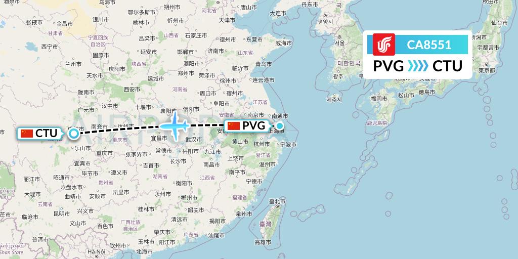 CA8551 Air China Flight Map: Shanghai to Chengdu