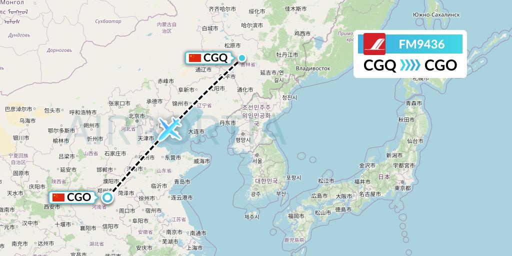 FM9436 Shanghai Airlines Flight Map: Changchun to Zhengzhou