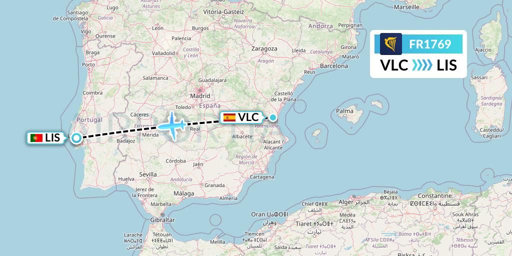FR1769 Ryanair Flight Map: Valencia to Lisbon