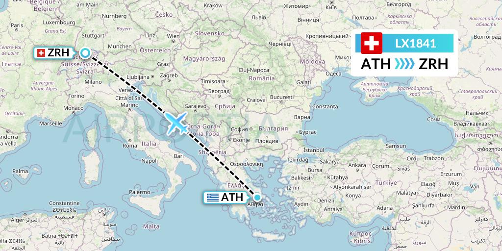 LX1841 Swiss Flight Map: Athens to Zurich