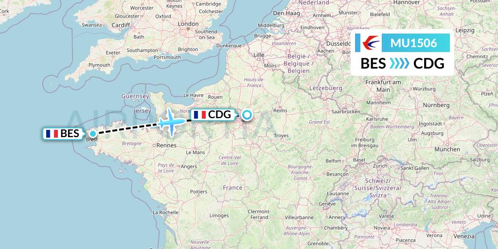 MU1506 China Eastern Airlines Flight Map: Brest to Paris
