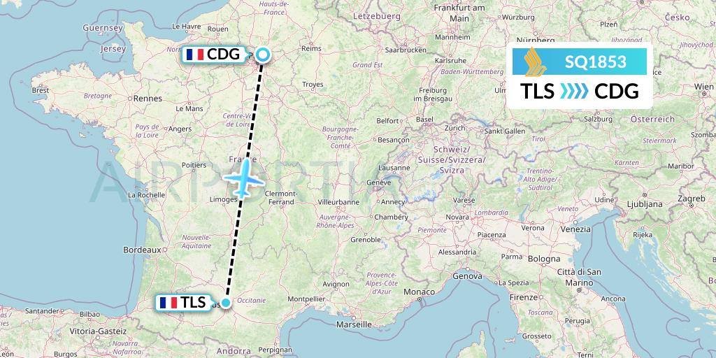 SQ1853 Singapore Airlines Flight Map: Toulouse to Paris