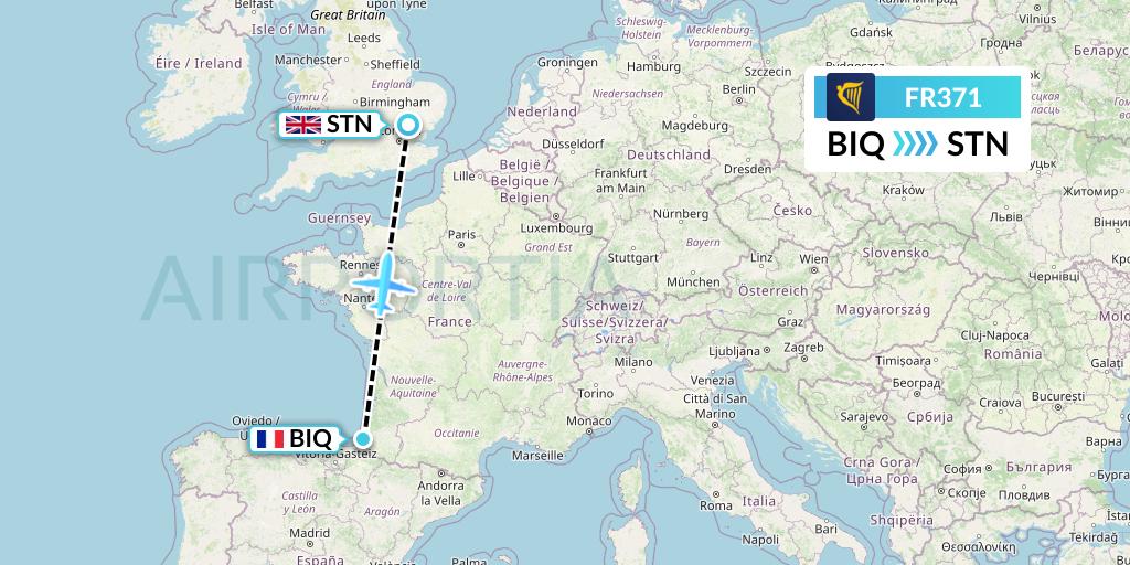 FR371 Ryanair Flight Map: Biarritz to London
