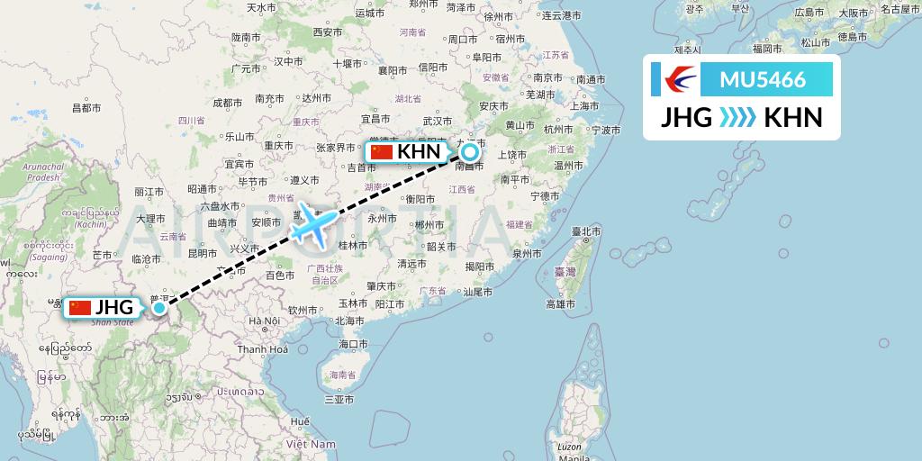 MU5466 China Eastern Airlines Flight Map: Jinghong to Nanchang