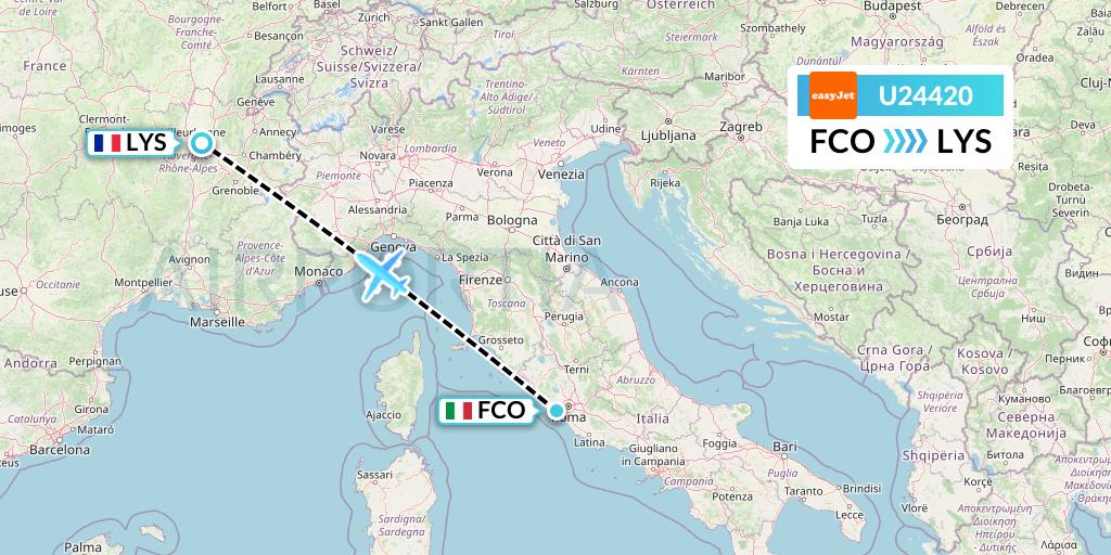 U24420 EasyJet Flight Map: Rome to Lyon