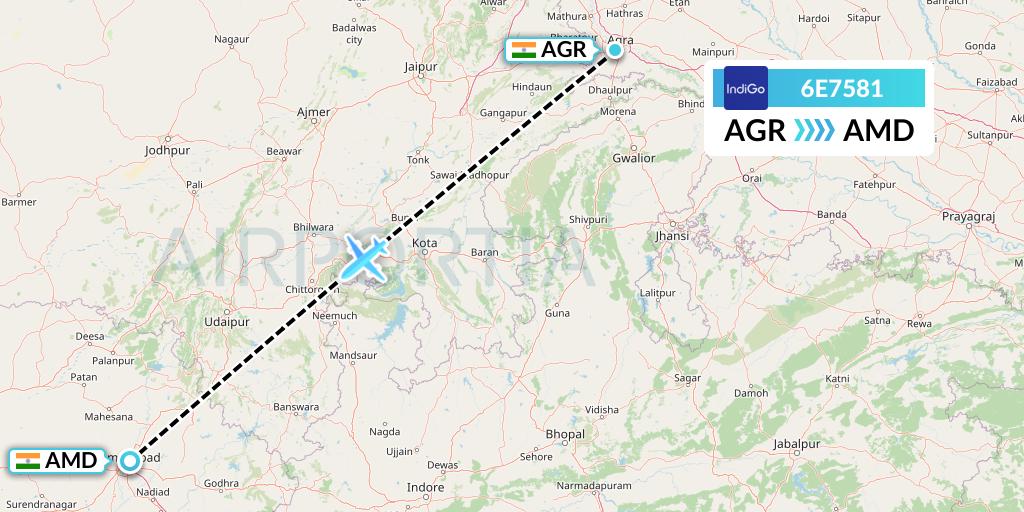 6E7581 IndiGo Airlines Flight Map: Agra to Ahmedabad