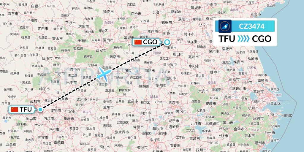CZ3474 China Southern Airlines Flight Map: Chengdu to Zhengzhou