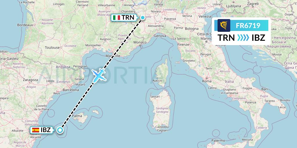 FR6719 Ryanair Flight Map: Turin to Ibiza