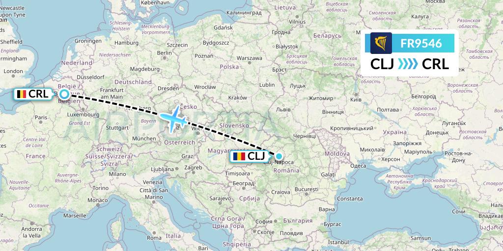 FR9546 Ryanair Flight Map: Cluj-Napoca to Brussels