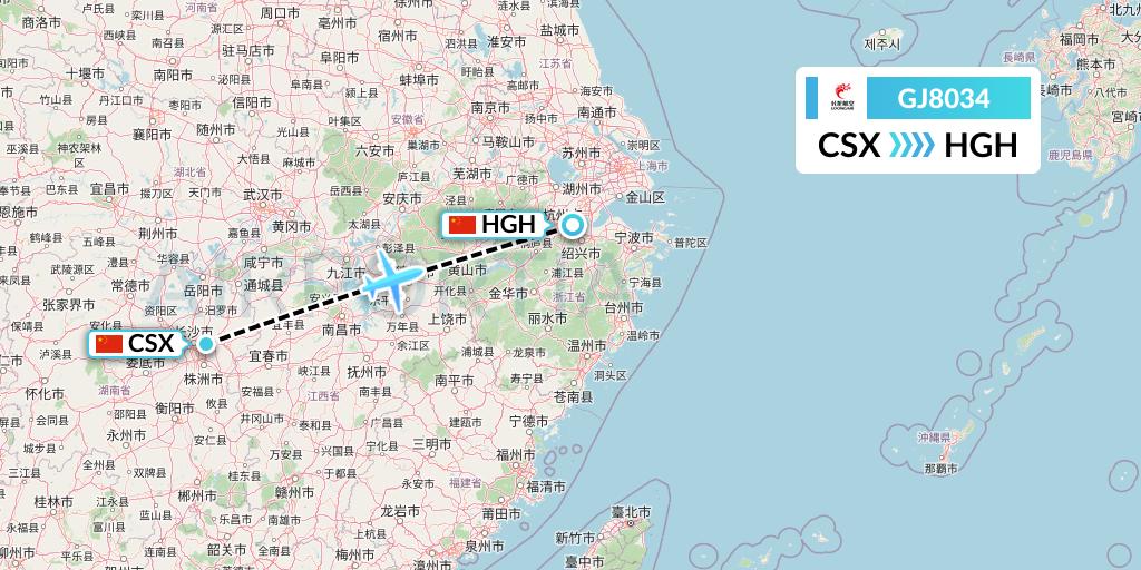 GJ8034 Loong Airlines Flight Map: Changsha to Hangzhou