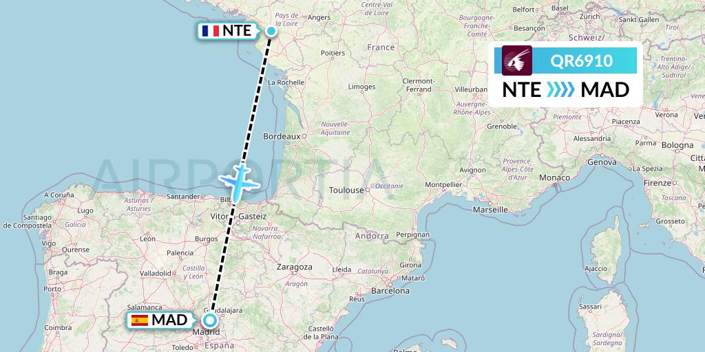 QR6910 Qatar Airways Flight Map: Nantes to Madrid