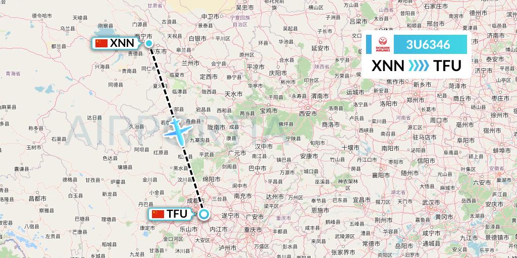 3U6346 Sichuan Airlines Flight Map: Xining to Chengdu